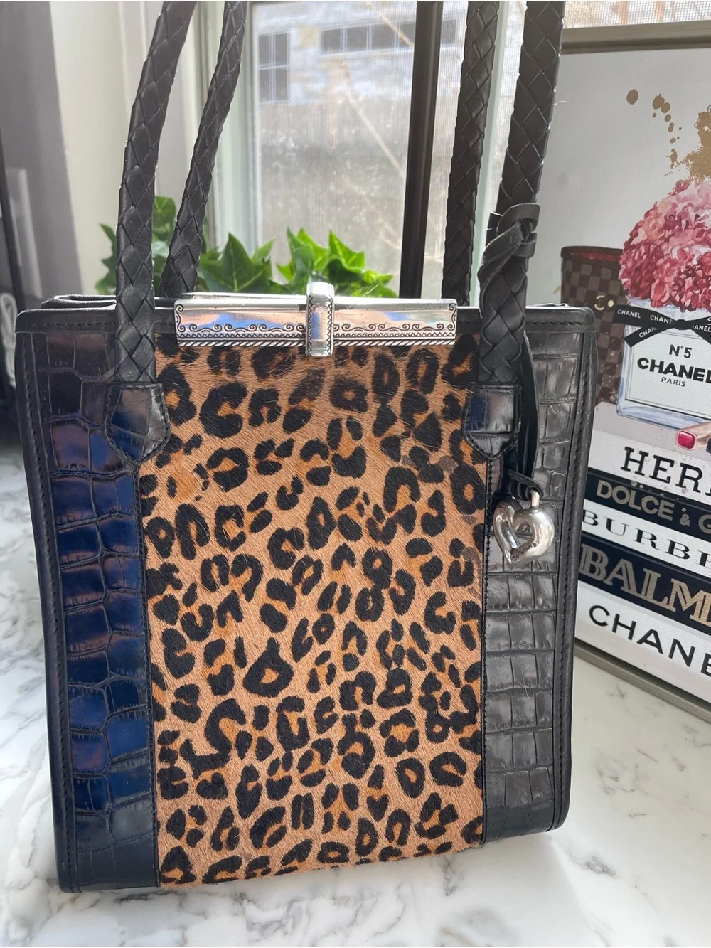 Brighton Vintage Leopard Print Tote with Black Croc-Texture Trim and Heart Charm